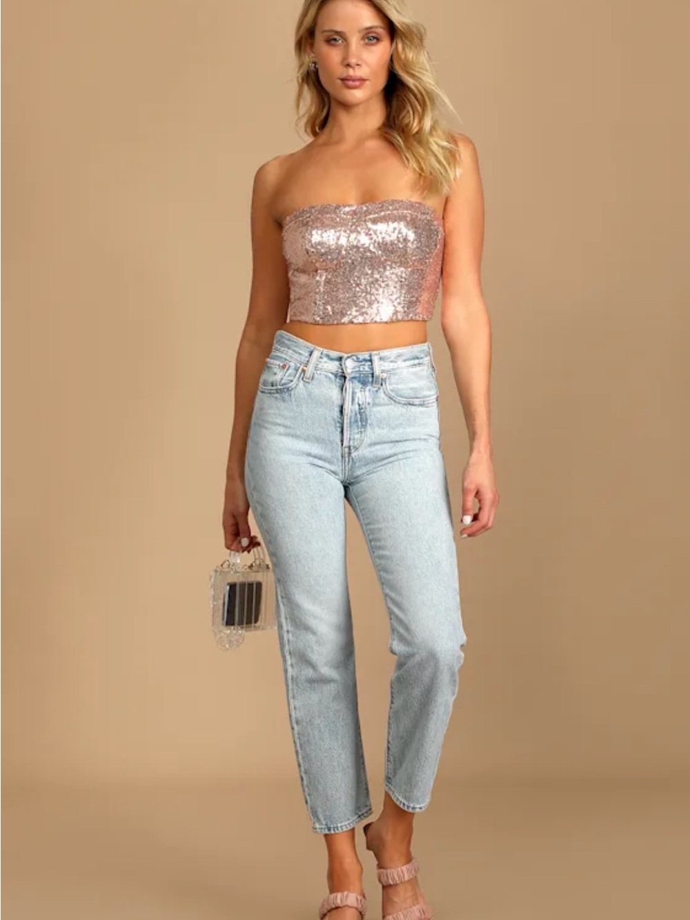Lulus Alluring Attitude Rose Gold Sequin Strapless Bustier Crop Top